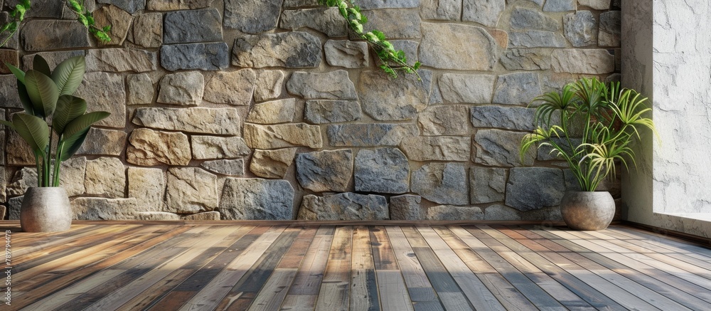 Poster close-up view of a rustic wooden floor with a textured stone wall in the background, creating a warm