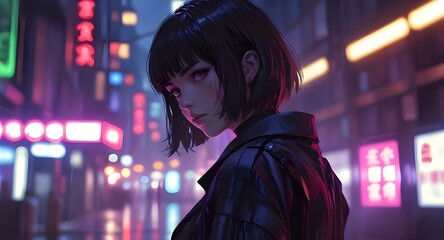 a beautiful cyber woman in an air polluted neon city in the style of minimalist figure anime