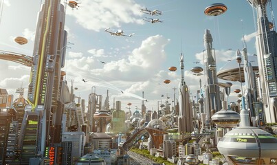Naklejka premium Craft a visually stunning, lifelike 3D rendering of a futuristic cityscape at eye-level angle Show intricate details of skyscrapers, flying cars, and bustling streets