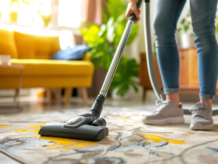 Cropped photo of woman cleaning with vacuum cleaner carpet in the living room at home. 