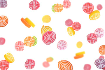 Falling colorful Jelly sweet isolated on white background. Selective focus
