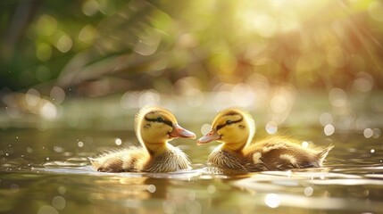 cute baby duck swim and float on water of lake