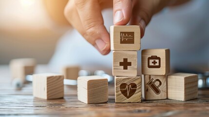 A hand stacking wooden blocks with healthcare symbols on them. - obrazy, fototapety, plakaty