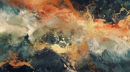 Closeup of a painting featuring a cloudy sky and underwater ecosystem - obrazy, fototapety, plakaty