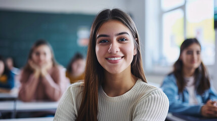 Portrait of happy female student at college classroom looking at camera.