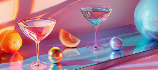 Elegant stemware holding Bacardi cocktails and Cosmopolitans atop the table - obrazy, fototapety, plakaty