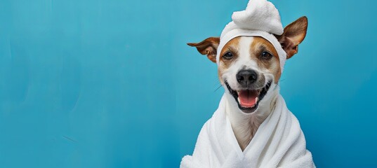 A dog of fawn color wearing a bathrobe with a towel on its head
