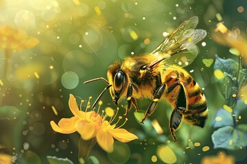 A honeybee, a membranewinged insect, collecting nectar from a yellow flower - obrazy, fototapety, plakaty