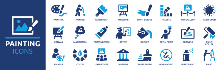 Painting icon set. Containing paint, artwork, paintbrush, artist, museum, painter, art gallery, paint stroke and more. Solid vector icons collection.