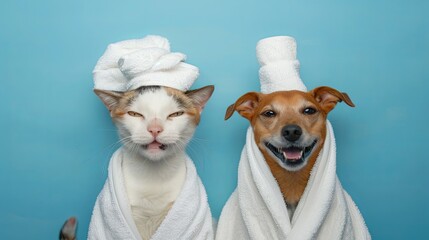 A dog and a cat are snuggled in towels and bathrobes - obrazy, fototapety, plakaty