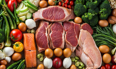 A variety of food items, including meat fish chicken and various vegetables, arranged on a table, offering a glimpse into a well-balanced and healthy meal.