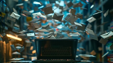 A laptop is being overwhelmed by a flood of emails. - obrazy, fototapety, plakaty