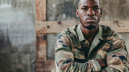 Young confident African American veteran looking at camera.
