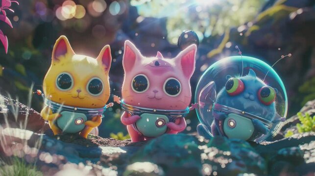 Cute extraterrestrial creatures are descending on the world . seamless looping time-lapse virtual 4k video Animation Background.