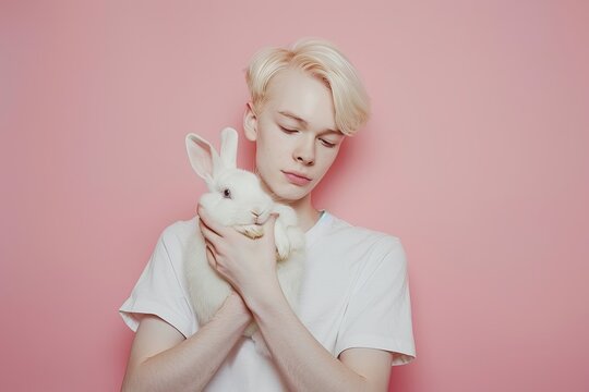 Young albino man holding white rabbit against pink background, showcasing happy gesture