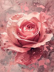 Stylized millennial pink rose, abstract and modern, with splashes of lighter and darker pink tones