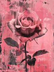 Stylized millennial pink rose, abstract and modern, with splashes of lighter and darker pink tones
