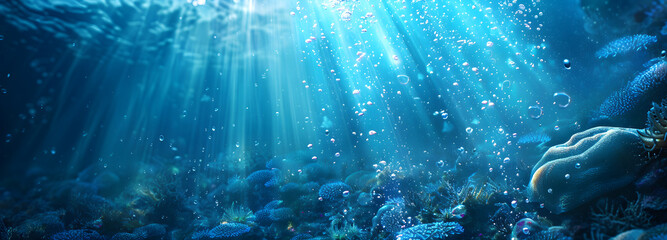 A peaceful underwater scene with blue backgrounds and sunlight, perfect for diving and exploring marine life.