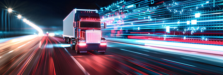 A digital track with neon lights driving along a highway, Truck on the road with motion blur background.  - obrazy, fototapety, plakaty