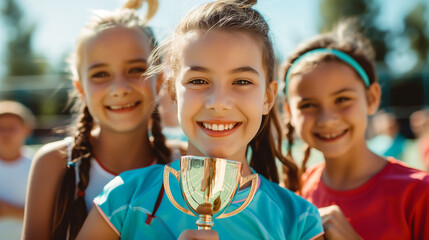 A girl holds up a trophy while other children cheer in the background.

 - obrazy, fototapety, plakaty