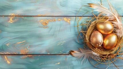 A nest of three shiny gold eggs on a blue wooden background with white and gold feathers.