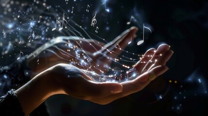 A pair of hands releasing glowing musical notes into the air. - obrazy, fototapety, plakaty