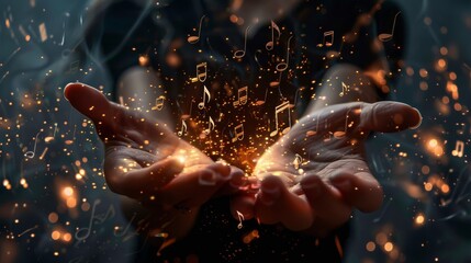 A person holding a glowing musical notes in the palm of their hand. - obrazy, fototapety, plakaty