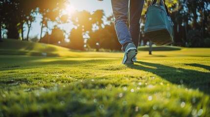 A person walking on a golf course on a sunny day