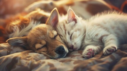 A photo of a puppy and a kitten sleeping together - obrazy, fototapety, plakaty