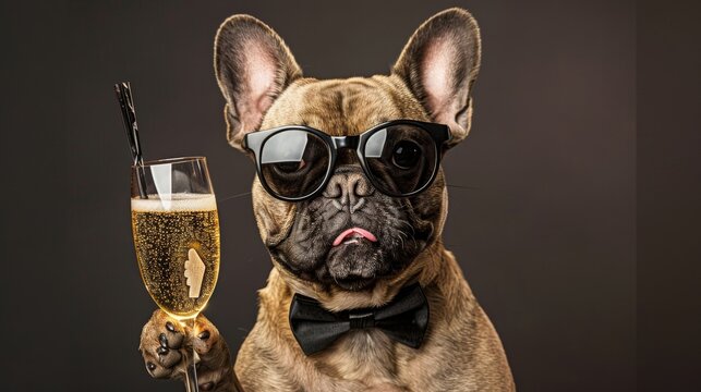 A photo of a French Bulldog wearing sunglasses and a bow tie, holding a glass of champagne in its paw.