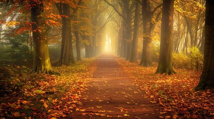 Tranquil forest path in autumn, leaves carpeting the way, peaceful walk