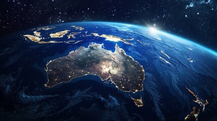 A photo of the Earth from space at night, showing the lights of Australia and the surrounding region.