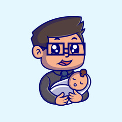 a cute father holding a baby cartoon illustration. Study icon concept. Flat cartoon style