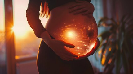 A pregnant woman holds her belly in front of a window. The light from the window creates a glowing effect on her belly. - obrazy, fototapety, plakaty