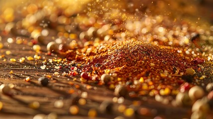 Vibrant closeup of mixed spices on wooden surface, texture focus, for culinary arts