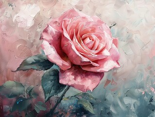 Artistic rendering of a millennial pink rose in acrylic, with a soft, dreamy background for contrast