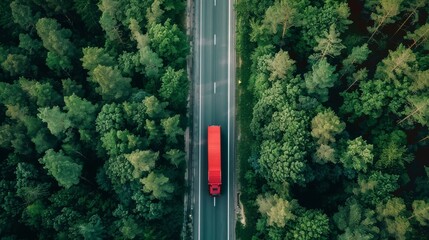 A red semi truck drives through a lush green forest.