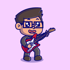 a cute boy playing a guitar cartoon illustration. Study icon concept. Flat cartoon style