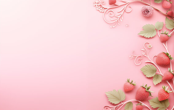 Pastel pink background with strawberry and vine leaves