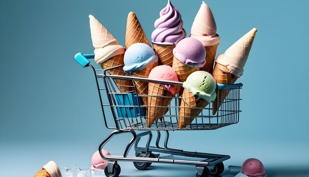 shopping-cart-with-ice-cream-cones-and-ice-cubes