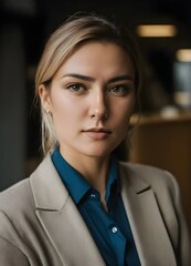 businesswoman in a suit looking up in an office setting