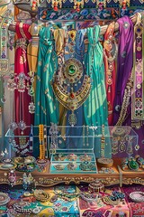 Vibrant Display of Ornate Saris and Jewelry in a Surreal Tapestry Adorned Marketplace