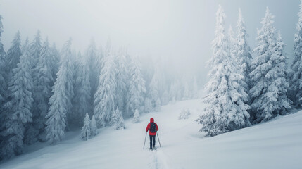 Fototapeta na wymiar A person snowshoeing in the mountains.