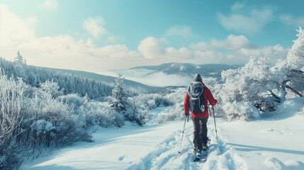 A person snowshoeing in the mountains.

