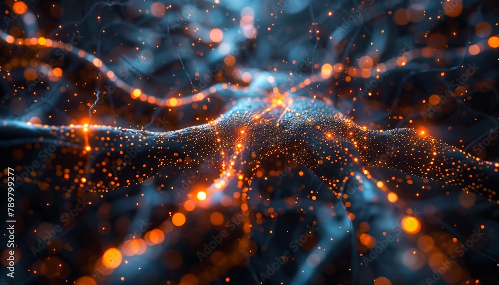 Poster zoomed-in view of a neural network forming memories, conceptual visualization