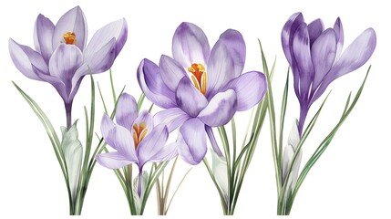 Watercolor crocus clipart with delicate purple and white flowers