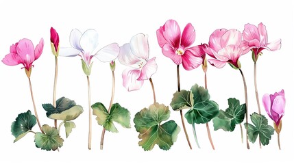 Watercolor cyclamen clipart with delicate pink and white blooms - obrazy, fototapety, plakaty