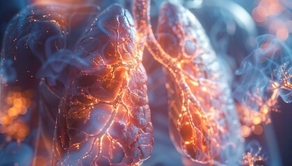 Visual representation of asthma in human lungs, bronchial tubes constricted with highlighted areas
