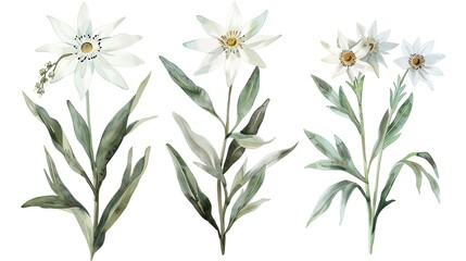 Fototapeta na wymiar Watercolor edelweiss clipart with small white flowers and green leaves