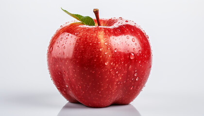 A red apple with water droplets on its skin.